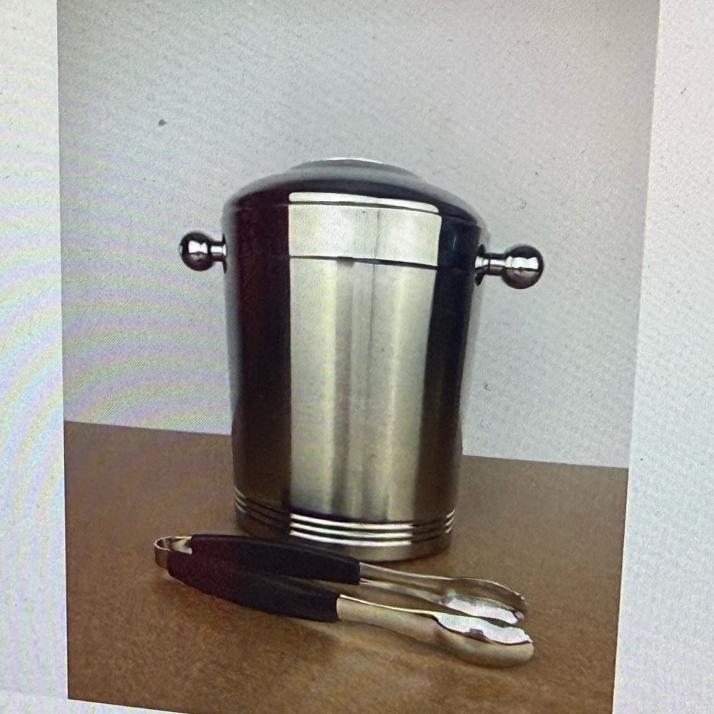 COPCO Vtg Mid Century Modern Stainless Ice Bucket Bar Shiny Chrome Lid Tongs - Picture 10 of 10